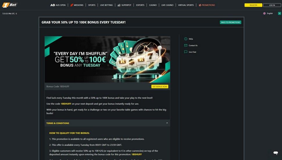 1Bet casino Tuesday Match Bonus