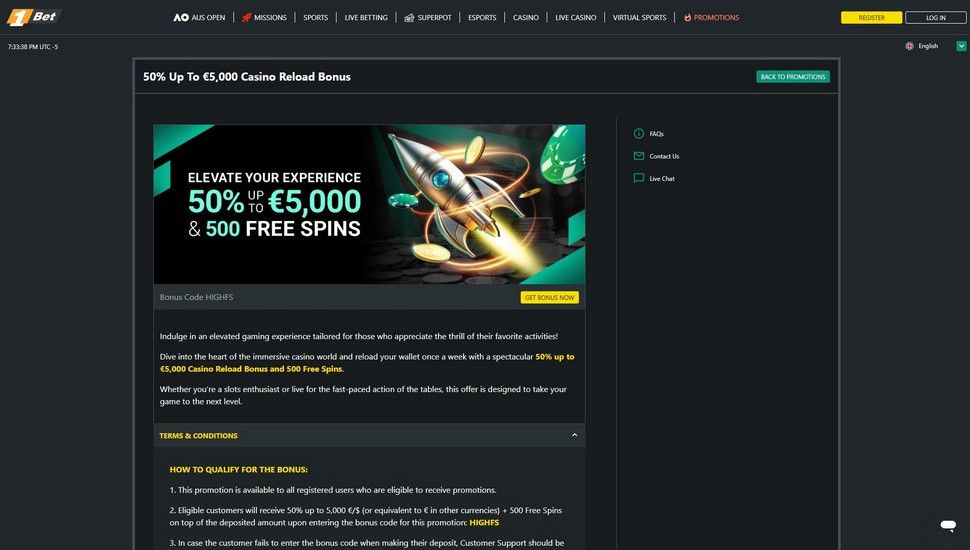 1Bet casino Weekly Reload Bonus