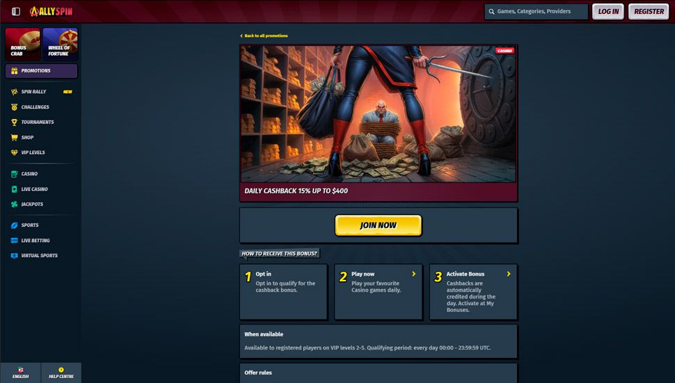 AllySpin Cashback for Slots 15%