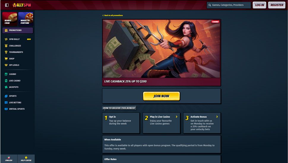 AllySpin Live Cashback 25%