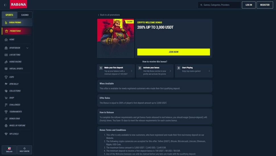 Rabona casino Crypto Welcome bonus