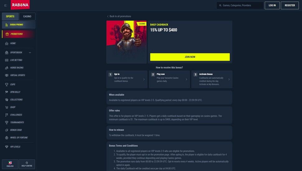 Rabona casino Daily Cashback Bonus