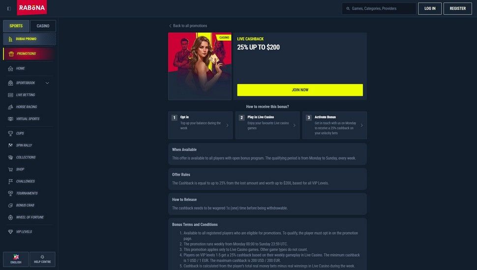 Rabona casino Live Cashback