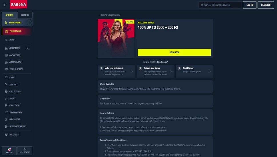 Rabona casino Welcome bonus