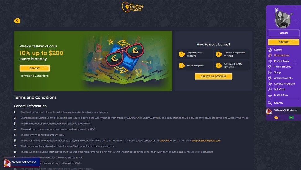 Rolling Slots Weekly Cashback