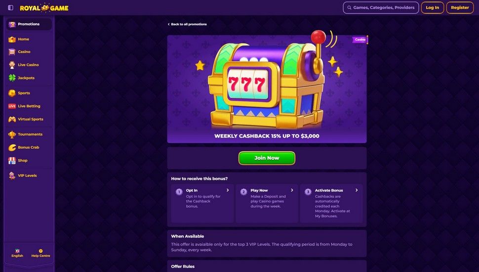 RoyalGame Cashback for Slots
