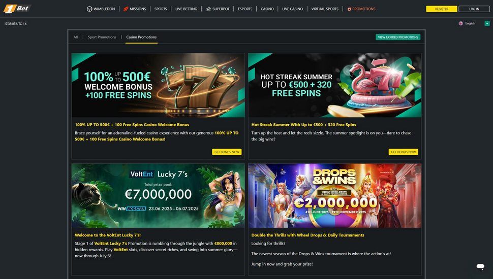 1Bet casino bonus page