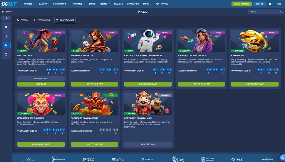 1xBet casino tournaments page