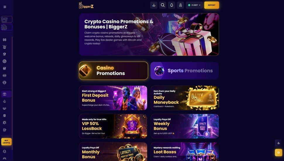 BiggerZ casino bonus page