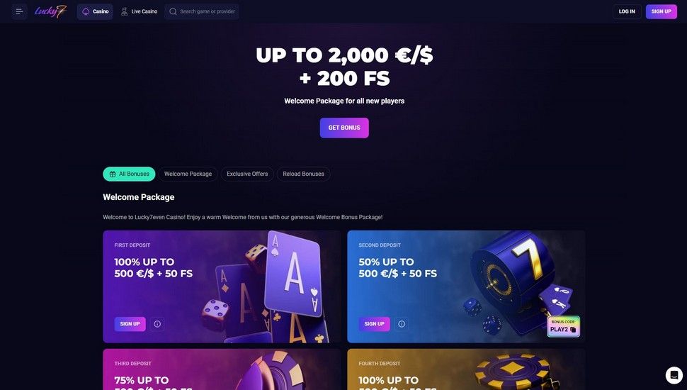 Lucky7even casino bonus page