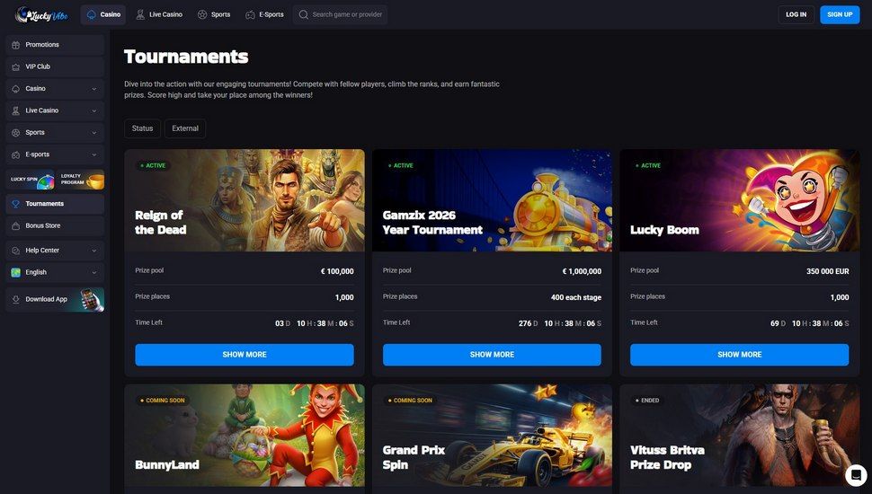 LuckyVibe casino tournaments page
