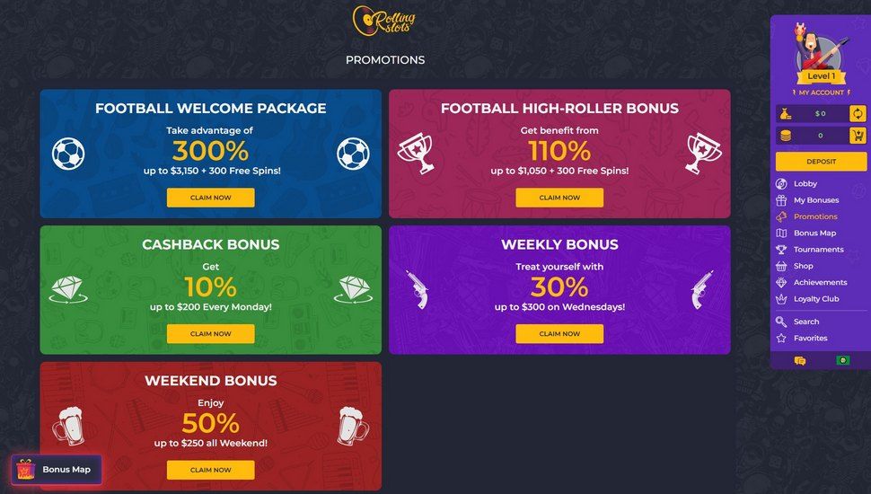 Rolling Slots casino bonus page