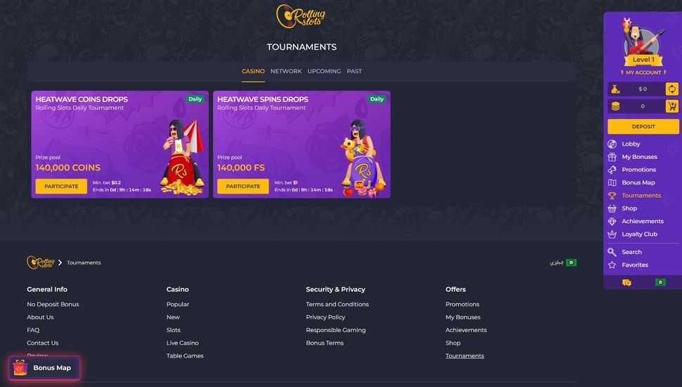 Rolling Slots casino tournaments page