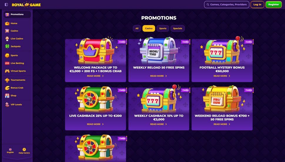 RoyalGame casino bonus page