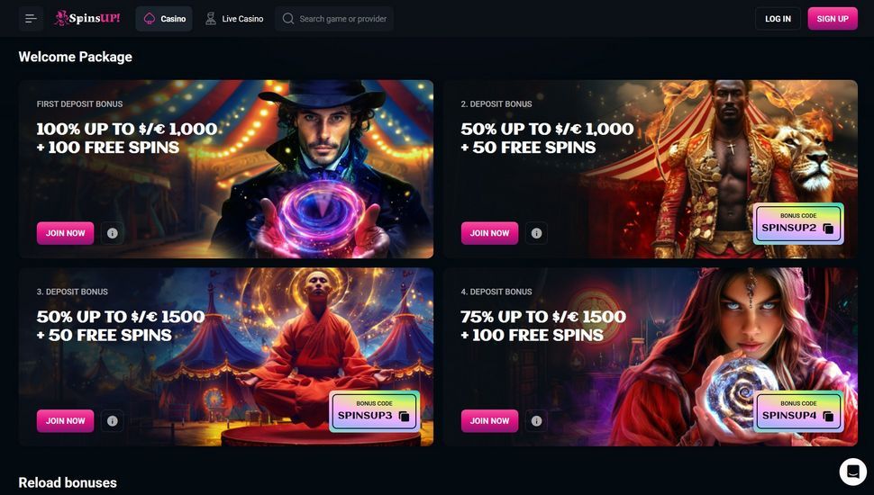 SpinsUP casino bonus page